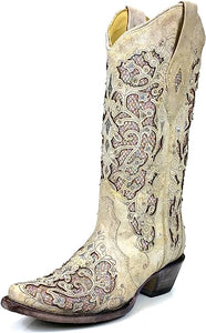 Corral Ladies White Glitter Inlay and Crystals Western Boot A3322